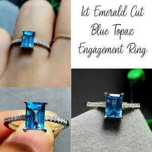 1ct Emerald Cut Blue Topaz Gemstone 925 Silver Engagement Ring